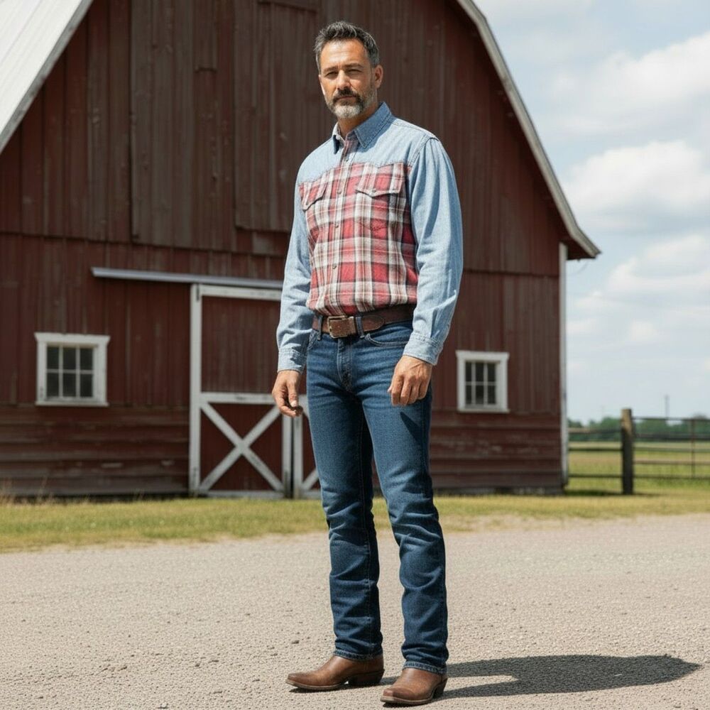 NWT Men's Red and Blue Creative Edge Plaid Soft Flann Denim Colorblock Shirt Med
